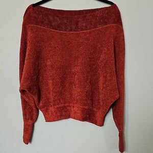 Free People Cozy Chic Red Off-the-Shoulder Boatneck Sweater Chenille feel Small